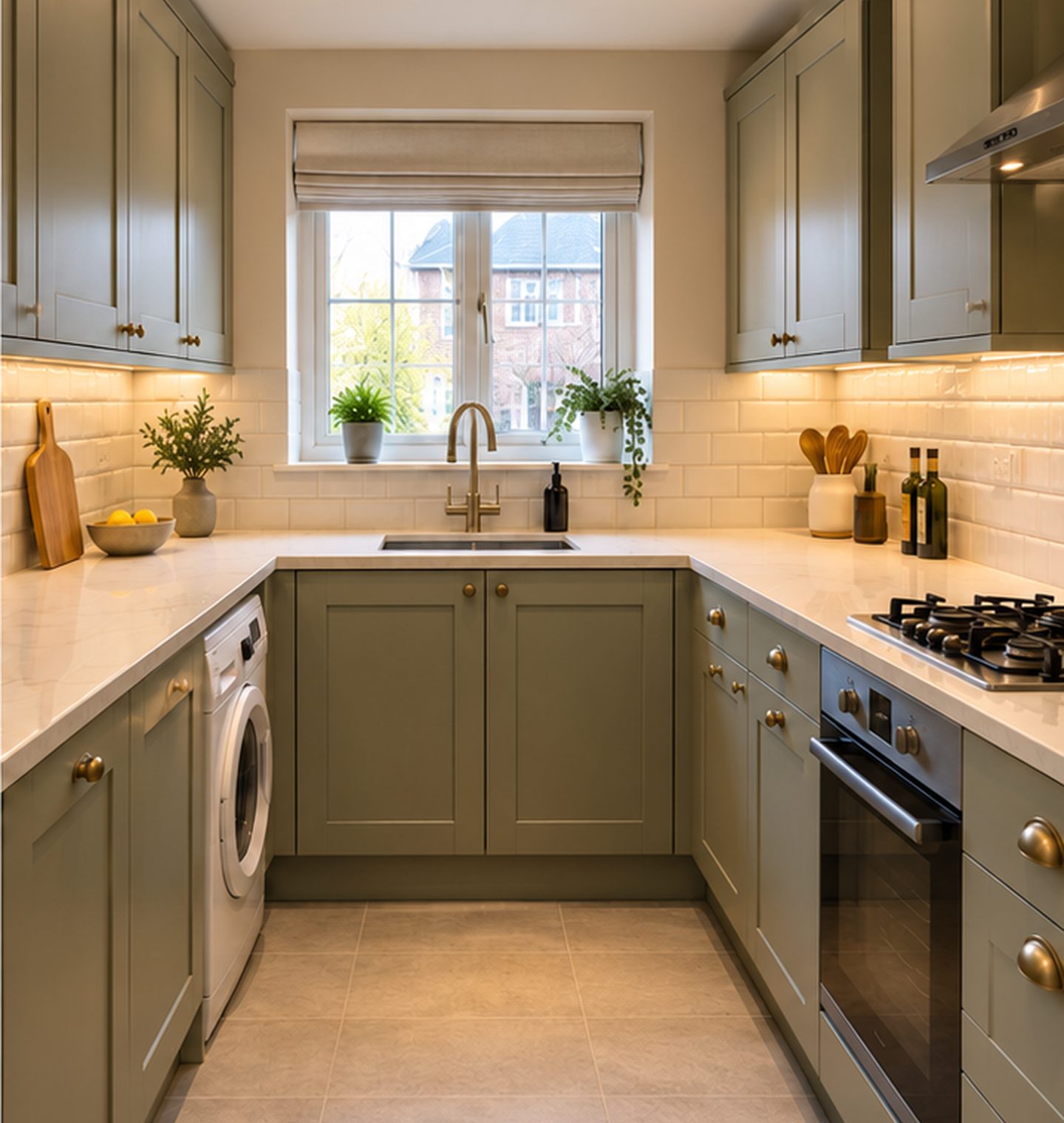 Finished shaker kitchen in sage green with white tiles and brass tap