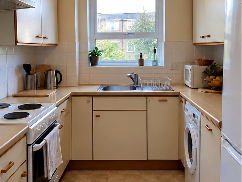 The same galley kitchen before, with dated cream units
