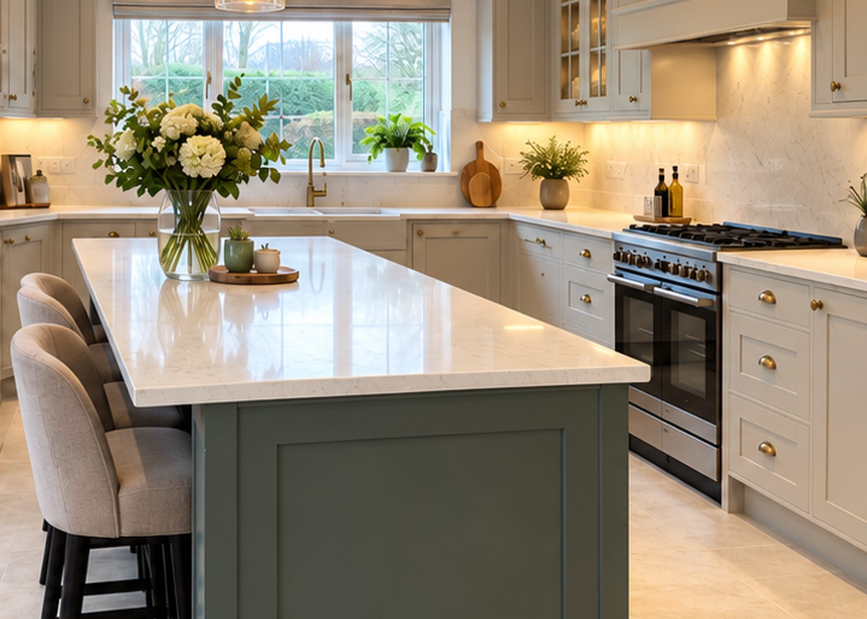 After: grey shaker kitchen with island, quartz worktop and pendant lights