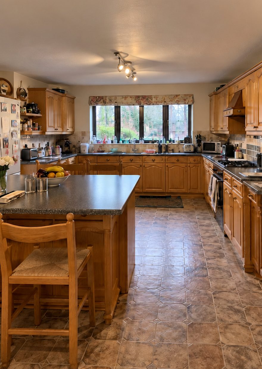 Before: pine kitchen with dark laminate worktops