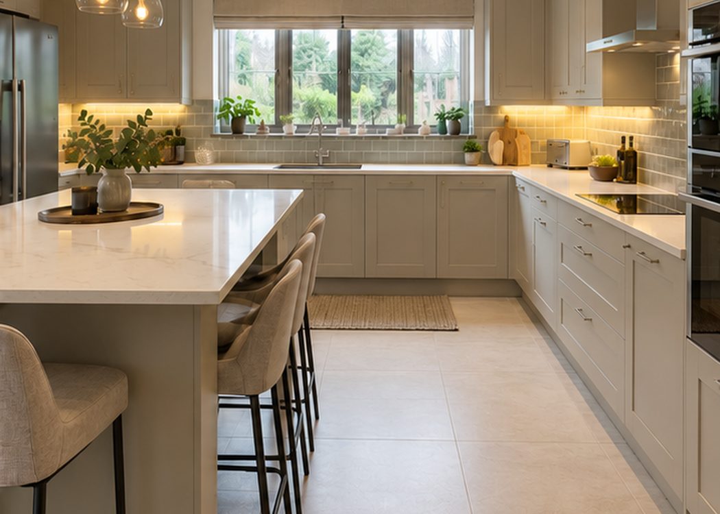 Grey shaker kitchen with island and three pendant lights