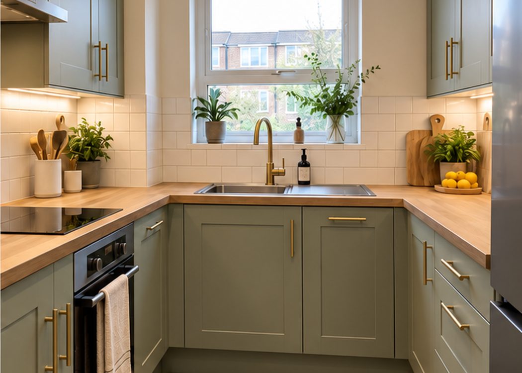 Sage green galley kitchen with oak worktop