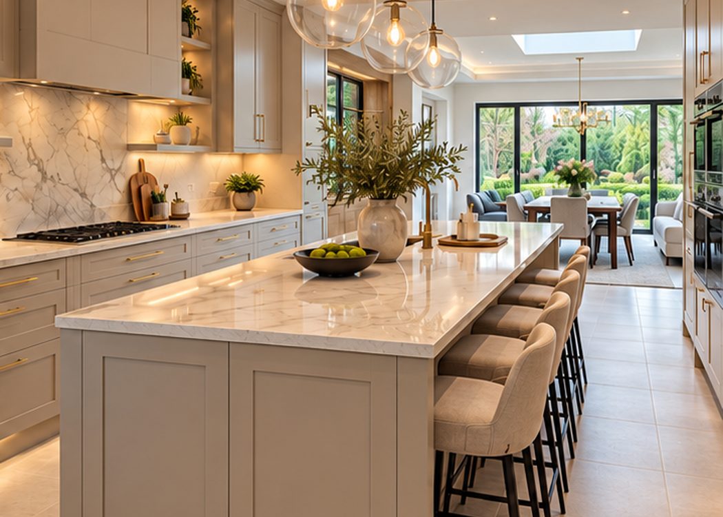 Large open-plan kitchen with island and glass pendants